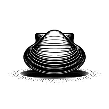 A striking illustration of a detailed scallop seashell with linear shading and a dotted sand shadow vector