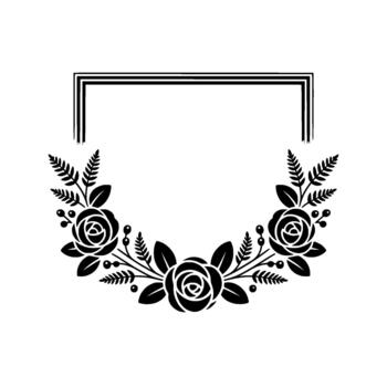 Elegant illustration of a floral wreath with roses and ferns framing a rectangular empty space perfect for text or logos vector