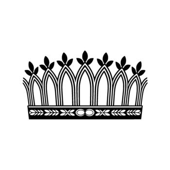 A sophisticated minimalist illustration of a royal crown featuring pointed arches and decorative laurel leaf detailing with oval gems vector