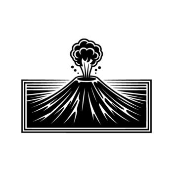 un negrita ilustración de un en erupción volcán con fumar y ceniza escupiendo desde sus cráter enmarcado dentro un agudo rectangular frontera vector