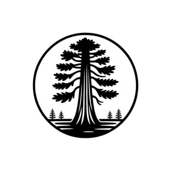 Minimalist silhouette of a majestic ancient sequoia tree with branches and smaller saplings within a bold circular frame vector