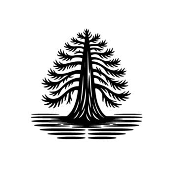 rígido silueta de un estilizado conífero árbol con en capas ramas reflejando en estilizado ondulado agua vector