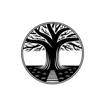 estilizado silueta de un antiguo vida árbol con intrincado raíces y ramas dentro un circular marco vector