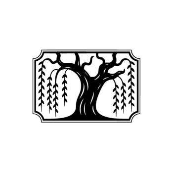 Elegant silhouette of a weeping willow tree with hanging branches and leaves intricately framed within a decorative border vector