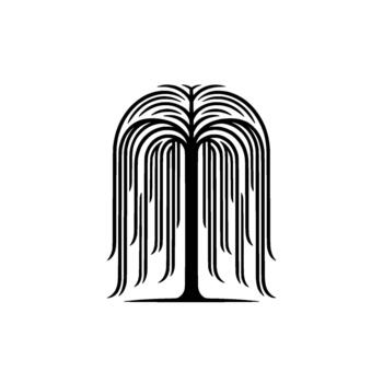 A minimalist illustration of a weeping willow tree silhouette with flowing cascading branches and a solid trunk vector
