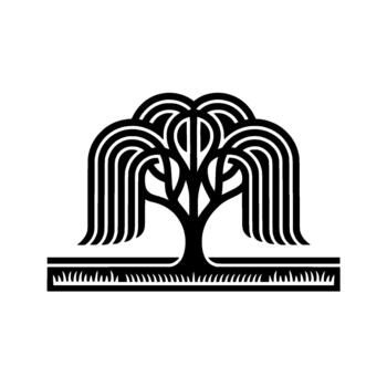 stylized weeping willow tree with flowing branches and a grassy base vector