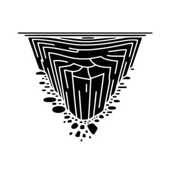 Abstract geometric linear illustration of an inverted pyramid structure with layered contour lines and scattered circular elements vector