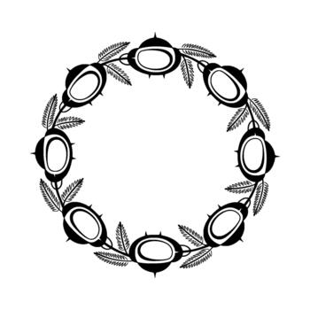A striking circular wreath featuring stylized oval shapes resembling cracked nuts or seed pods with sharp pointed protrusions and delicate feather like leaves arranged symmetrically vector