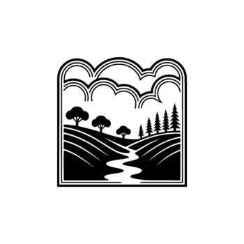A stylized illustration depicting a serene rolling landscape with stylized trees a winding river and layered clouds within a decorative frame vector