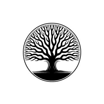 Stylized of a bare deciduous tree with extensive branching contained within a circular frame featuring a silhouette vector