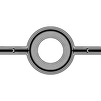 A minimalist abstract featuring concentric circles within a larger circular motif connected by horizontal striped lines vector