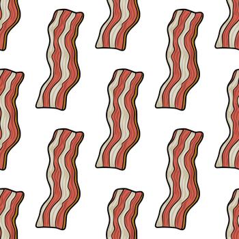 A charming seamless pattern featuring stylized strips of bacon with wavy textures in warm, inviting tones of pink, cream, and brown, set against a clean white background, perfect for culinar... vector