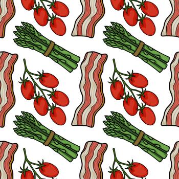 A charming seamless pattern featuring fresh asparagus bunches, ripe cherry tomatoes on the vine, and wavy slices of bacon, all rendered in a playful, hand drawn style. vector