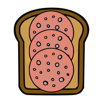 A simple illustration of a slice of toast topped with three round slices of pink sausage, featuring a clean, bold outline and a minimalist color palette. vector