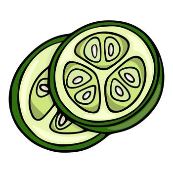 Stylized illustration of two overlapping cucumber slices with distinct green outlines and segmented flesh. vector