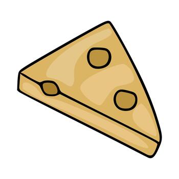 A simple flat illustration of a triangular cheese slice with three distinct holes, presented against a clean white background. vector