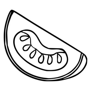 A simple black and white illustration of a single slice of tomato, showcasing its internal structure with seeds. vector