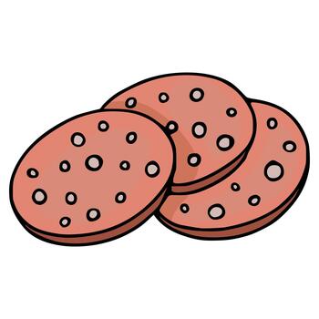 A simple, clean illustration of three round slices of salami with visible fat specks. vector