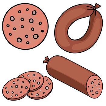 un estilizado plano ilustración exhibiendo varios formas de rebanado y todo embutido, incluso un anillo y un registro, con visible motas vector