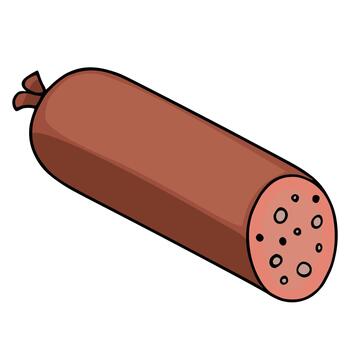 A simplified, flat design illustration of a sliced salami sausage with a tied end, showcasing its internal texture with circular inclusions and a smooth, brown casing against a clean white b... vector