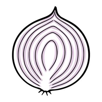 Stylized illustration of a cross section of a red onion with concentric rings and a distinct top sprout. vector