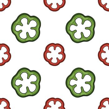 sin costura modelo de rebanado campana pimientos, presentando alterno rojo y verde anillos con negrita negro contornos y suave sombreado, creando un vibrante y Fresco culinario antecedentes. vector