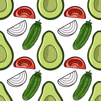 Seamless pattern featuring sliced avocado, tomato wedges, cucumber segments, and onion rings on a white background. vector
