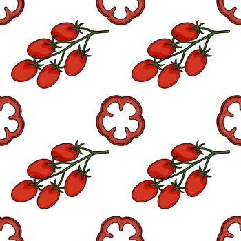 un vibrante, repitiendo modelo presentando maduro rojo Tomates en el vino y cruzar secciones de rojo campana pimientos en contra un limpiar blanco fondo, evocando un Fresco y sano culinario tema. vector