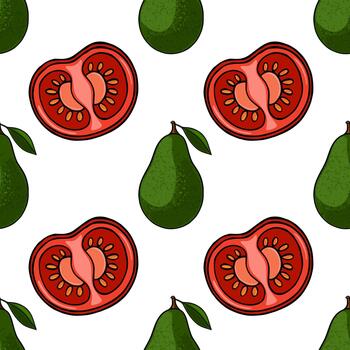 sin costura modelo presentando vibrante verde aguacates y rebanado rojo Tomates con visible semillas y un vástago con un hoja. vector