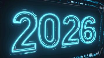 lysande 2026 år visa på en trogen gränssnitt symboliserar framsteg och teknologisk framåt video