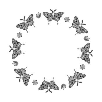 Mystical moth and crystal frame in black line art for boho or tarot design vector