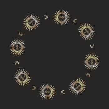 Mystical sun and moon celestial frame in gold gradient line art on black vector