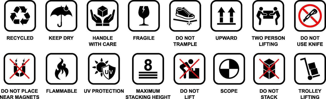 fragile shipping or packaging icons for product and mockup including fragile, upward, glass, recycled, keep dry, handle with care, flammable, do not lift or stack, two person lifting, no cutter etc vector