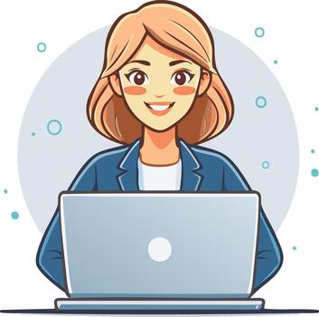 Woman Working on Laptop Computer with Cartoon Style Design, Office Setting vector