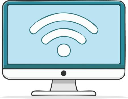 Modern computer monitor displays a white wifi symbol on a light blue screen with a minimalist stand vector