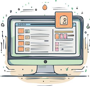 Desktop Computer with Web Interface and Person Account Avatar Concept Cartoon Style Art vector