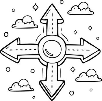 Four directional arrows branching from a central circle with clouds and stars graphic vector