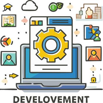 Concept illustration featuring a laptop with a gear, symbolizing software development vector