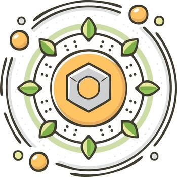 Stylized Hex Nut surrounded by Leaves and Spheres in an Orbiting Circular Design vector