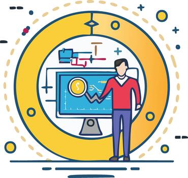 negocio financiero análisis y datos, hombre con aumentador vaso mira a moneda, en computadora monitor vector