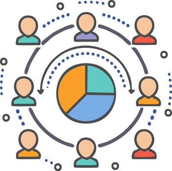 trabajo en equipo y datos análisis concepto con personas alrededor tarta cuadro, negocio diagrama vector