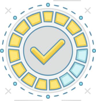 Circle progress indicator with large yellow checkmark and segmented progress bar vector