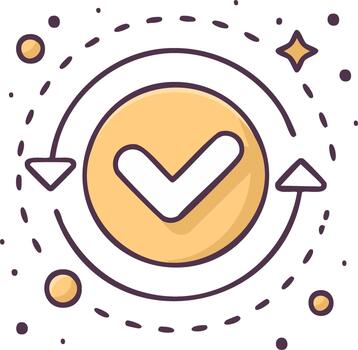 Checkmark icon with circular arrows and abstract dots symbolizing progress and confirmation vector