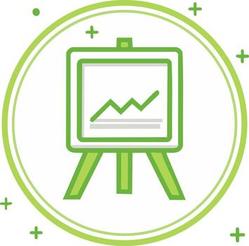 Green finance graph on presentation easel inside circle with plus signs and dot vector