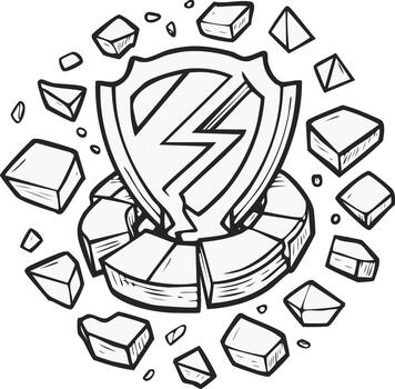 Shield with Lightning Bolt Symbol Breaking Apart Surrounded by Shattered Geometric Shapes vector