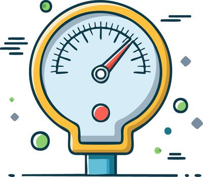 dibujos animados ilustración de un presión calibre con el indicador a alto nivel. metro para medición actuación o velocidad vector