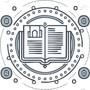 abierto libro revela edificio diseño rodeado por monedas y digital red vector