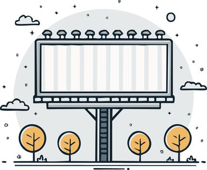 Large blank advertising billboard with trees and clouds in a simple doodle style vector