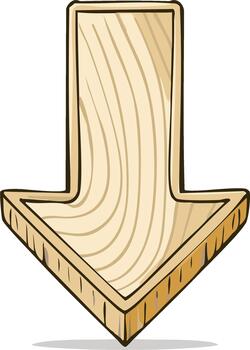 Rustic wooden arrow sign with grain texture pointing down in a cartoon style illustration vector