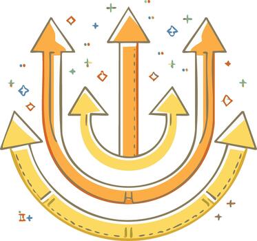 conceptual ilustración de hacia arriba movimiento y crecimiento con múltiple flechas y vistoso papel picado vector